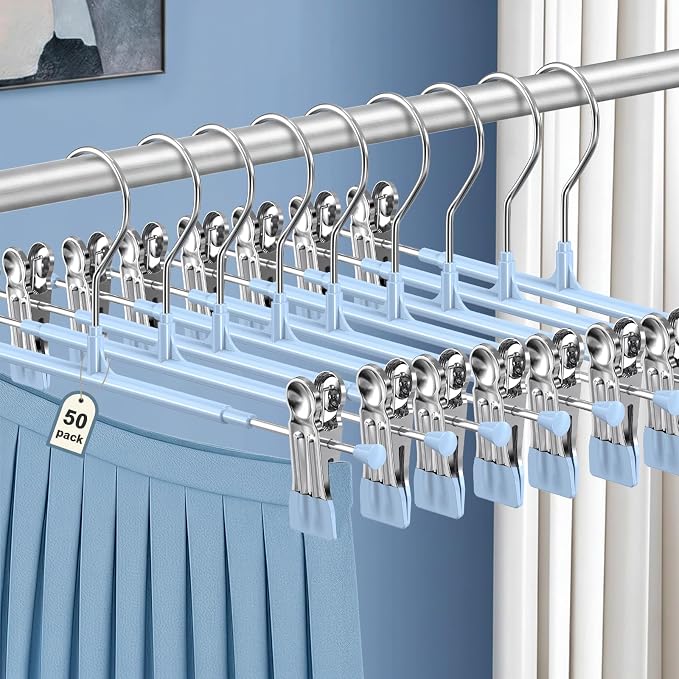 POZEAN Pants Hangers with Clips for Women 50 Pack, 12Inch Adjustable Heavy Duty Skirt Hangers, Space Saving Non-Slip Shorts Jeans Trousers Clothes Hangers, Blue by POZEAN