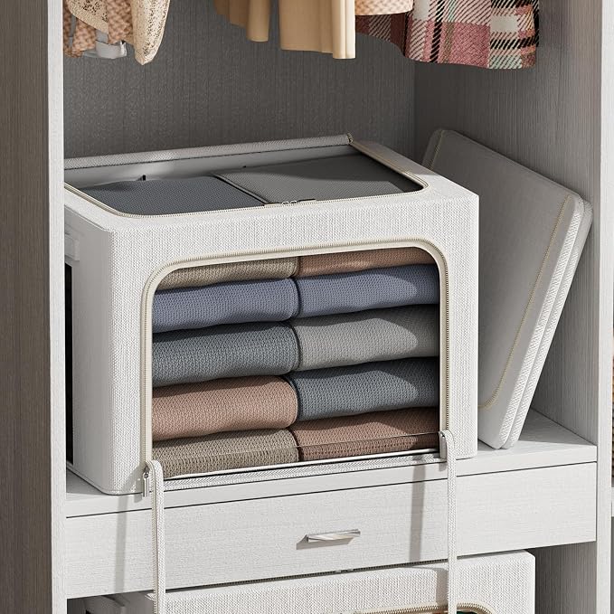 FHSQX 6 Pack Clothes Storage Bins with Metal Frame | Ivory White, 15.7x11.8x7.8inch (22L),‎Portable, Large Clear Window, Stackable, Durable Handles, Foldable, Linen Fabric, - Image 2