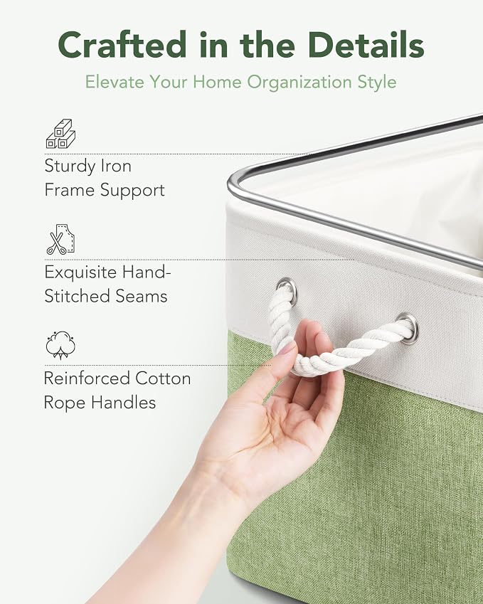 12x12 Inch Fabric Cube Storage Bins with Cotton Rope Handle 6-Pack | Top Support of Metal Frame, Bottom with Cardboard Support, Foldable Storage Bins for Closet, Bedroom, White Green - Image 4