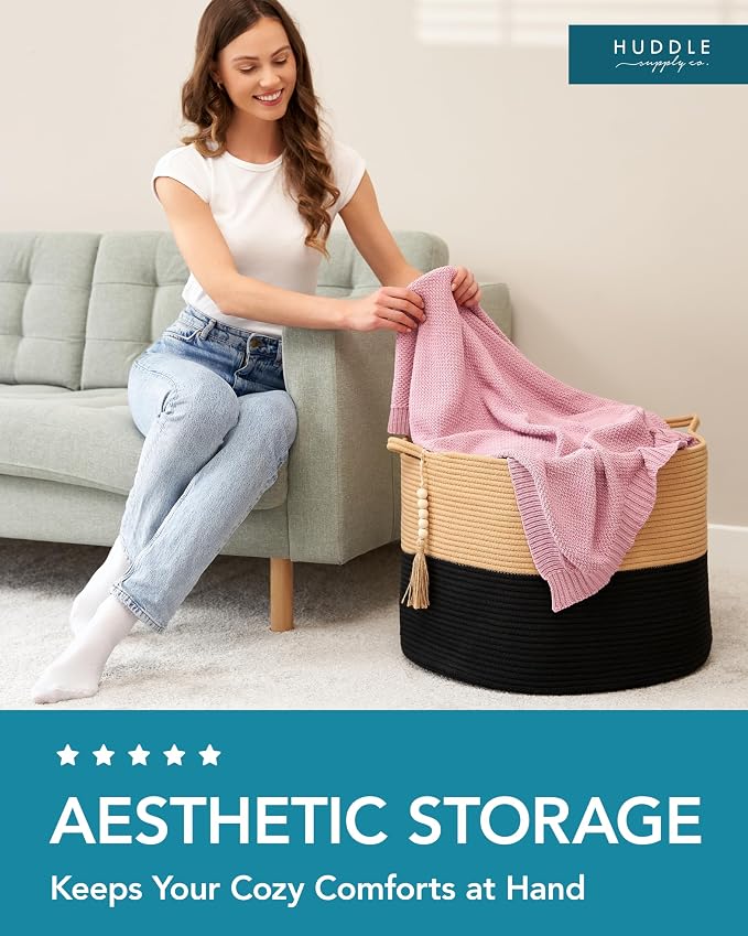 Huddle XXXXL WASHABLE Jumbo 125L Blanket Basket for Living Room, Toys, Baby | Woven Decorative Cotton Rope Black Jute Big Basket+Mini Basket for Nursery, Dog Toys, Storage, Organization Bins 24x17in - Image 2