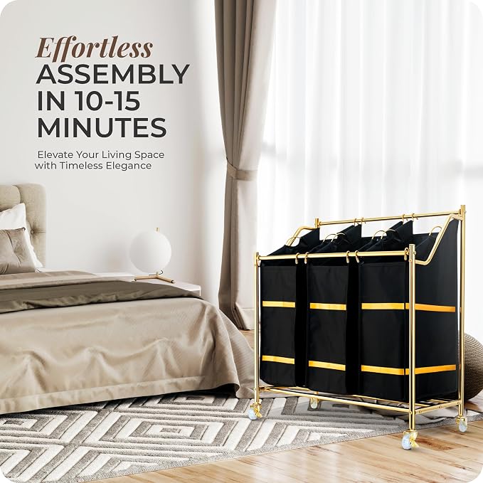 LUXURY STYLE Laundry Hamper, 3-Section Rolling Laundry Sorter Cart with Wheels, Modern Golden Hamper with 3 Bags for Clothes, Toys, and Towels - Image 8