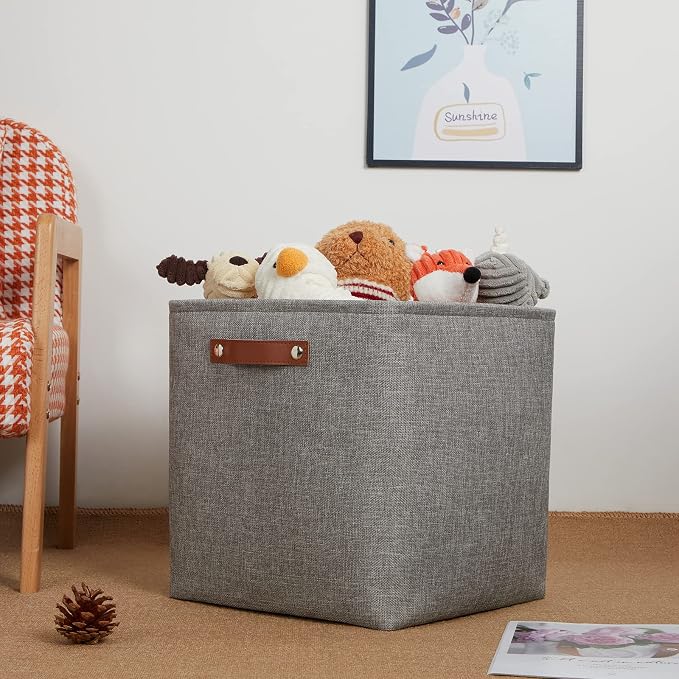 DULLEMELO Cube Storage Boxes,13 inch Fabric Baskets Closet Storage Bins for Home Organization and Storage,Stackale Gift Baskets Empty for Nursery Clothes Toys Kids Storage(Grey) - Image 3