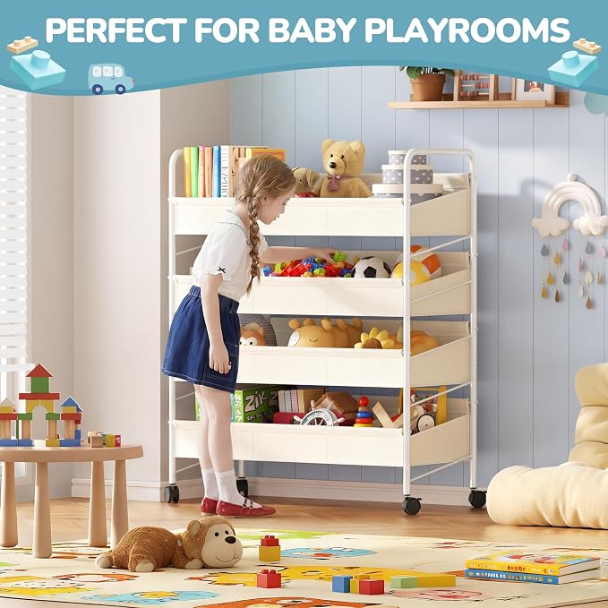 Kids Toy Storage Organizer with 4 Shelves & Wheels for Playroom | White, Large Size, Steel Frame & Oxford Fabric, Rolling Casters with 2 Locks, Safe Rounded Edges, Easy Assembly - Image 8