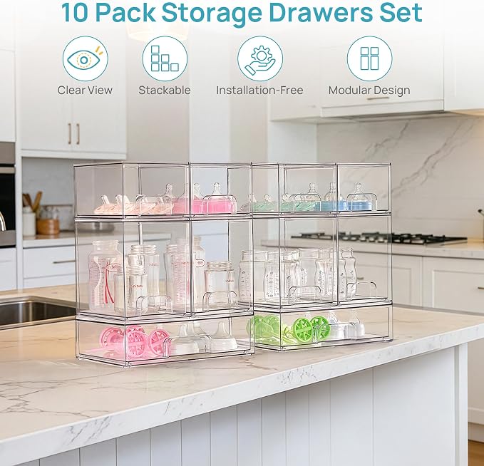 Vtopmart Clear Stackable Storage Drawers Set of 10, Baby Bottle Organizer | Multi-purpose Boxes for Bathroom Accessories, Beauty Supplies, Ideal for Kichen Countertop, Bathroom, Pantry Organization - Image 3