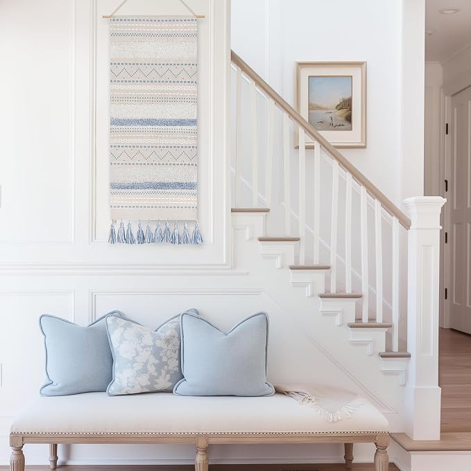 BlissBlush Long Vertical Wall Hanging Tapestry Coastal Blue Woven Boho Farmhouse Décor Tassel Handmade Wall Art Decoration for Bedroom Living Room Dorm Nursery Apartment, 16x39 INCH - Image 6