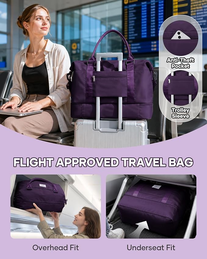 Travel Duffel Weekender Bag Women Tote Carry On Bags With Shoe Compartment | 18x14x8 inches Travel Overnight Bags with Trolley Sleeve for Airplanes Waterproof Sport Tote Gym with Toiletry Bag Purple - Image 2