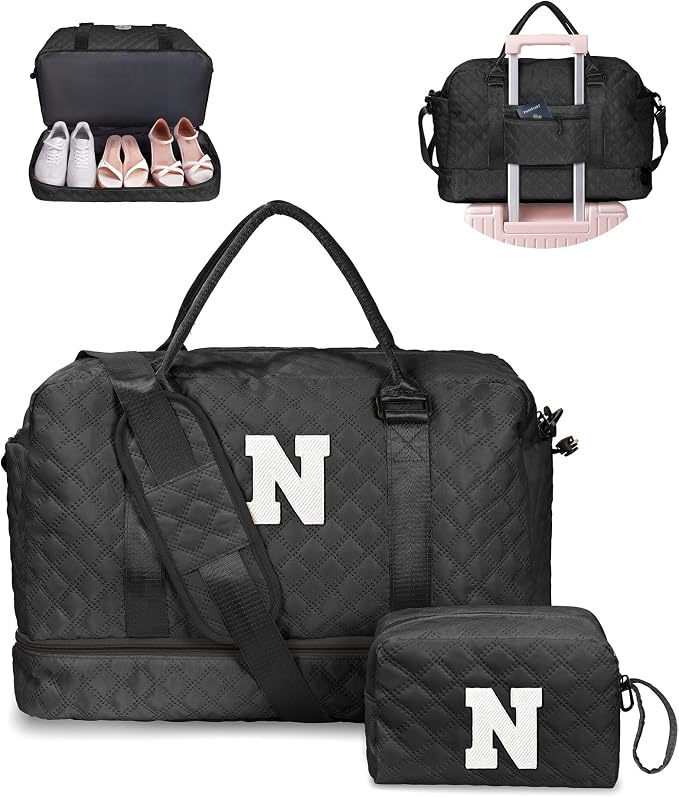 Gifts for Mom-Duffle Bag with Shoe Compartment, Weekender Bags | Teen Girl Gift-Monogram Overnight Bags, Letter Travel Bag with Personalized Makeup Bag，Sister Friend Gifts (Letter N) by Vogewood