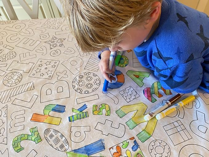 Learning Fun Design – Rectangle Tablecloth 60”X84” – Interactive Coloring Tablecloth for Kids – Poly/Cotton Fabric - Washable and Reusable – DIY Activity for Children and Adults by TheColoringTable