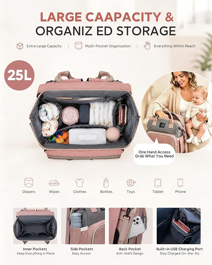 houscly Diaper Bag Backpack with Changing Station, 25L Large Capacity | Multifunction baby bag, baby registry search, baby girl newborn essentials must haves, baby shower gifts, pink - Image 3