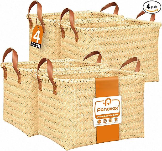 Wicker Storage Baskets, 4 Pack Woven Baskets for Shelves, Yellow | PP Rattan, Water-resistant Wicker Basket, Large Baskets with Faux Leather Handles for Blanket, Laundry Organizer, Room Decor by Panovox