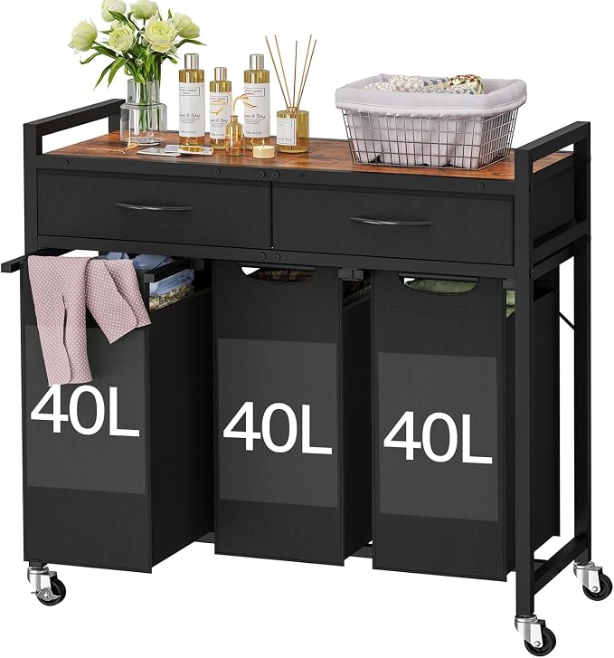 Laundry Sorter 3 Section, 120 L Laundry Hamper with 2 Drawers & 2-tone Top Panel, Rolling Laundry Basket Organizer with Pull-Out Removable Oxford Fabric Bags for Laundry Room Organization UNZYL006BVV3 by TEENFON