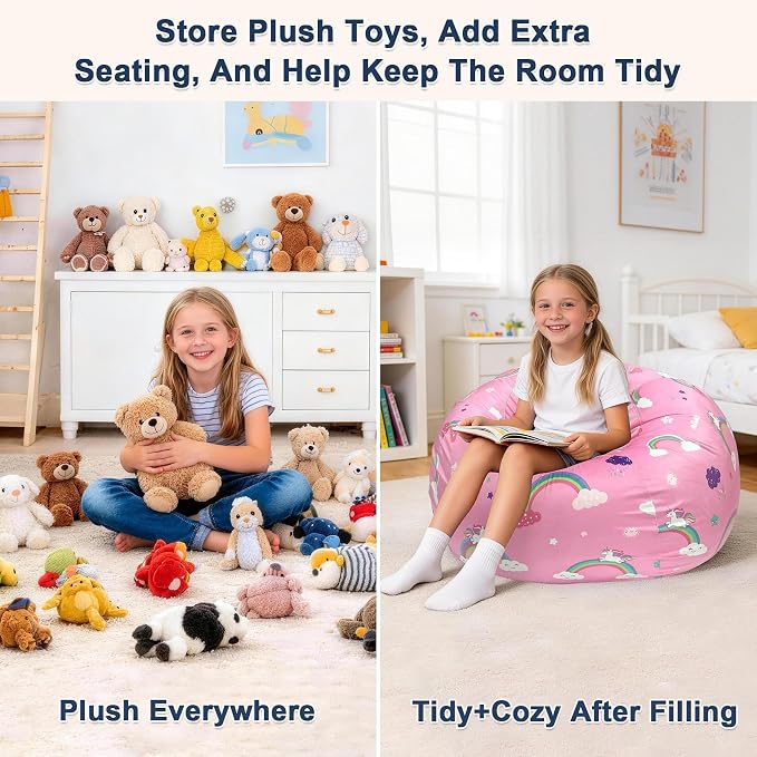 Lukeight Unicorns Stuffed Animal Storage Bean Bag Chair Cover for Kids, Velvet Plush Toy Organizer Seat, Cover Only, No Filling Included, Long YKK Zipper, Side Pocket, X-Large 30"D x 18"H - Image 3