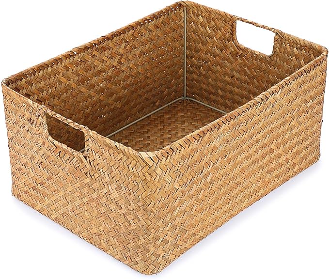 Hipiwe Seagrass Storage Baskets Bin for Shelf, X-Large Woven Wicker Basket | Rectangular Closet Bedroom Organizer Built-in Handles, Multipurpose Pantry Basket Bin, Caramel Color by Hipiwe