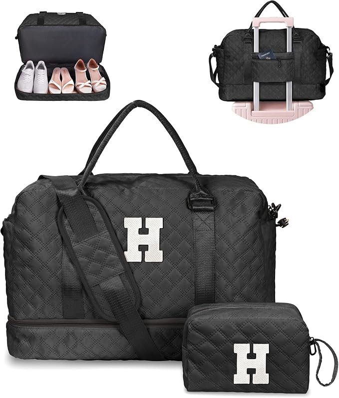 Gift for Teens Personalized Initial Duffle Bag for Teen Girls | Weekender Overnight Travel Bag with Shoe and Makeup Compartments, Birthday Graduate Gift Retirement Gift for Woman (Letter H) by Vogewood