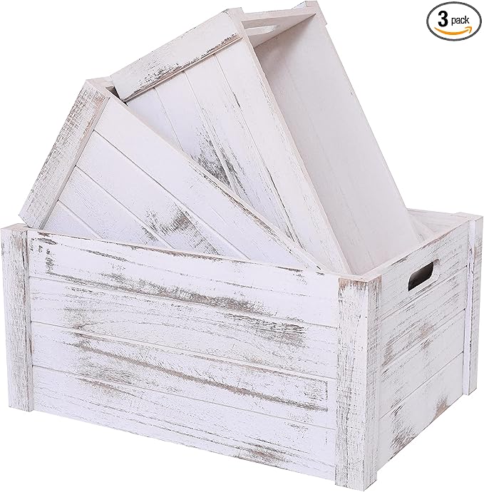 Farmhouse Antique White Wooden Crate For Storage,Rustic Decorative Boxes,Set Of 3 Extra Large Nesting Wooden Storage Crates For Home Decor,Handmade Natural Solid Wood Box (Rustic White) by SENRYEE