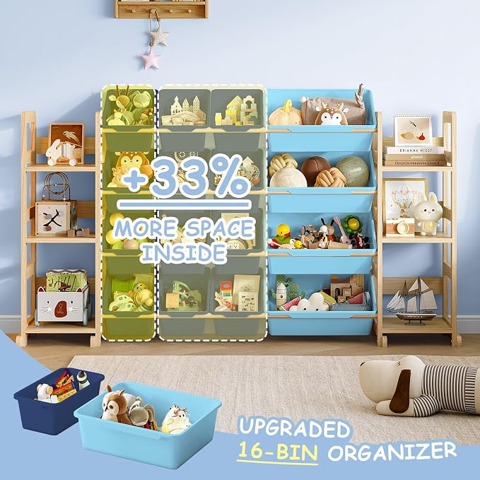 EXPERLAM Extra Large Toy Storage - Toy Storage Organizer, Wooden Toy Organizer with 6 Side Shelves and 16 Bins, 3-in-1 Bookshelf for Kids Rooms, Playroom, Nursery, Blue - Image 3