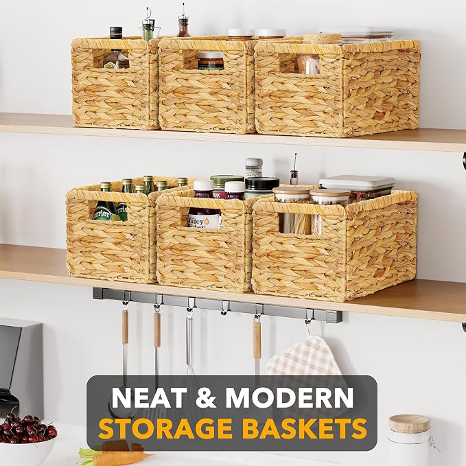 SpaceAid 6 Pack Wicker Basket, Storage Baskets for Organizing, Woven Rattan Basket with Handles for Shelves, Water Hyacinth Large Cube Organizer Storage Bin, 13x8.2x7 inch, Natural - Image 2