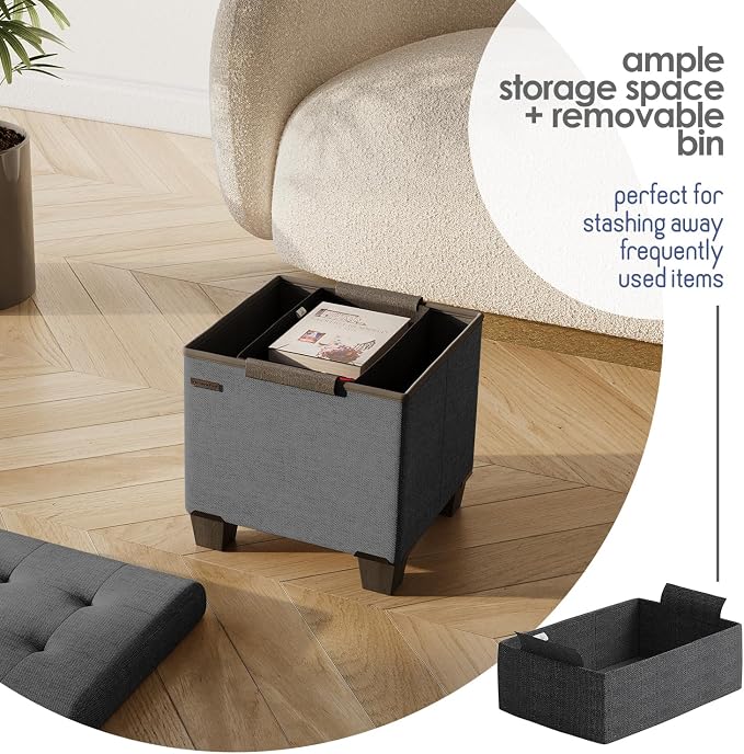 Storage Ottoman Cube with Small Bin, 15-in Square Ottoman with Storage for Living Room and Bedroom, Small Ottomans Foot Rest, Fabric Foot Stools Ottomans Max 330lbs, Grey - Image 4