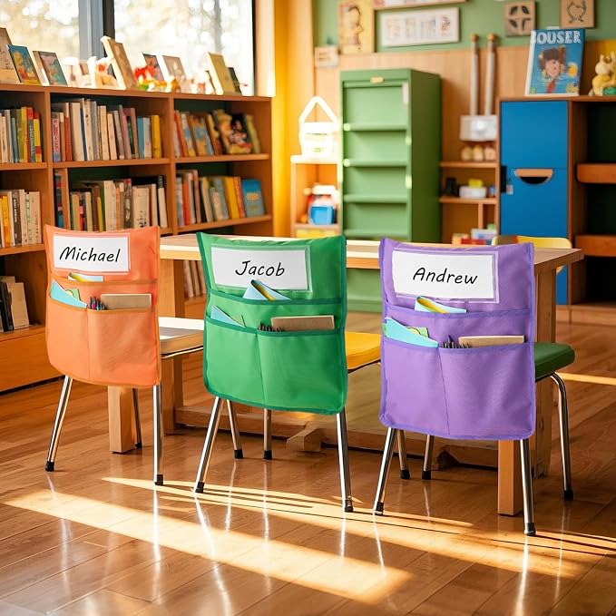 VEVOR Chair Pockets for Classroom, 24 Pack, 18 x 20 Inches Chairback Buddy Pocket with Name Tag, 6 Bright Colors, Back of Chair Organizer for Kids in Classroom, Kindergarten, School, and Home - Image 8