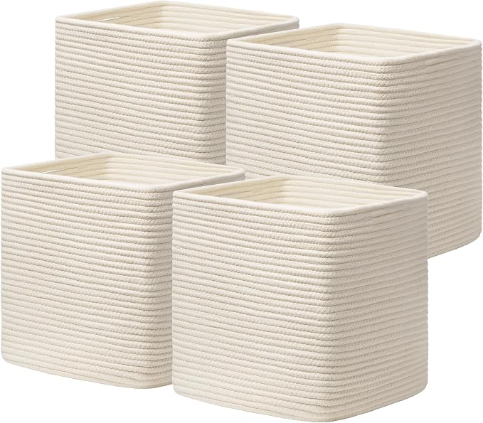 joybest 11inch Cube Storage Bins, Cotton Rope Woven Organizer Basket | Set of 4 Cube Bin Square Shelves Organizer Closet Storage, Nursery, Toy Organization, Beige by joybest