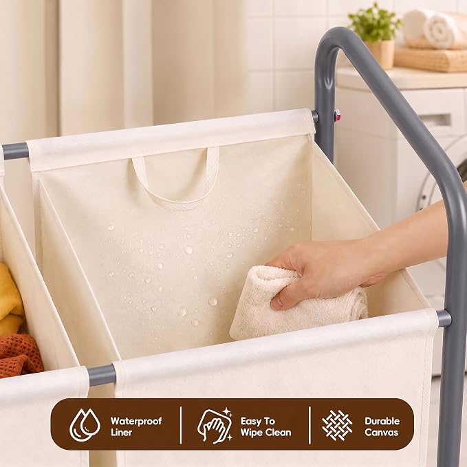 130L Laundry Hamper with Wheels, 3 Section Laundry Sorter Cart with Removable Bags, Rolling Clothes Hamper with Waterproof Lining, Sturdy Freestanding Canvas Laundry Basket for Laundry Room, Beige - Image 8