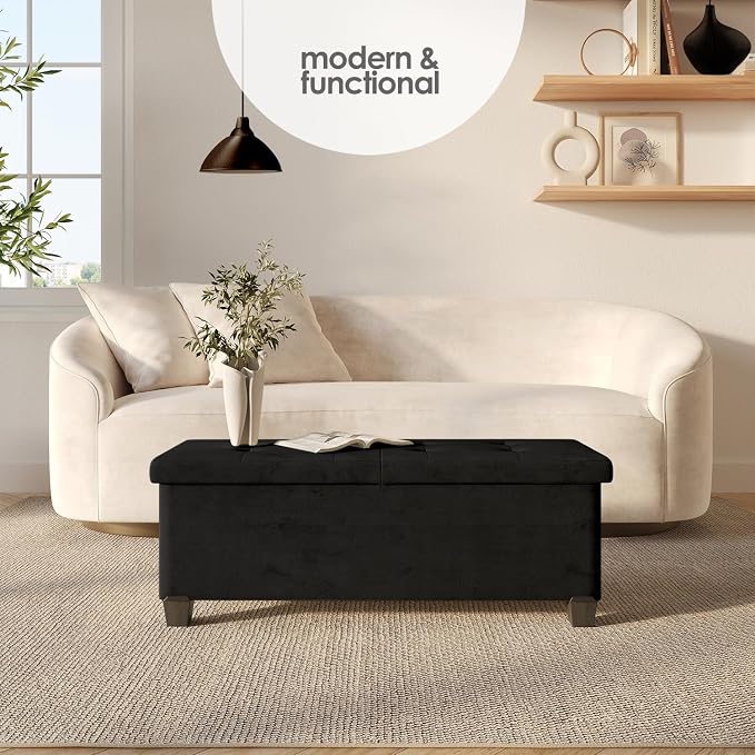 Storage Ottoman Bench with Bins, 43-in Storage Bench for Bedroom End of Bed, Folding Foot Rest Ottoman for Living Room Max 660lbs, Velvet Ottomans, Black - Image 2