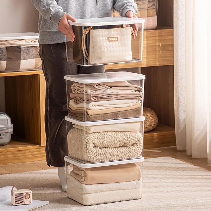 4-Piece Set,Plastic Storage Bin with Lid,Large Storage Containers,Stackable Lidded Storage Boxes for Cabinets, Clothes, Toys, Books (clear 4XL(with wihte lid)) - Image 3