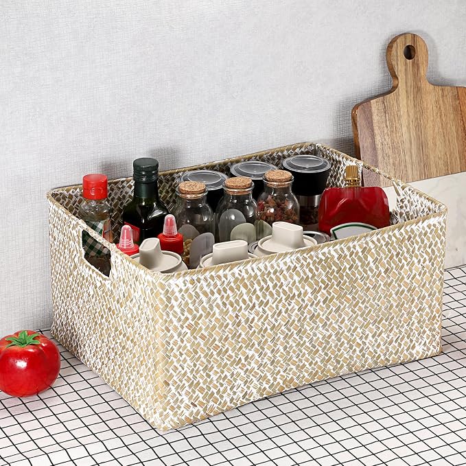 Hipiwe Wicker Storage Basket Bin X-Large Rectangular Opened Baskets Box | Handwoven Seagrass Basket Box with Handle for Shelf Organizing Closet Bathroom, 15.7" L x 11.8" W x 7.5" H - Image 2