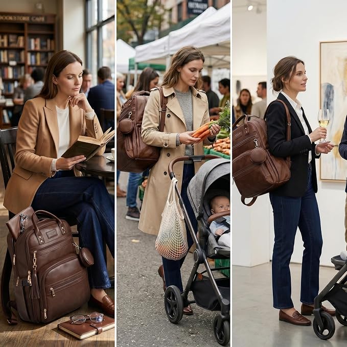 ROSEGIN Premium Vegan Leather Diaper Bag Backpack with Waterproof Changing Pad, Reinforced Zippers & Odor-Free,20 Pockets Pro Organizer, Fits 15.6" Laptop, Stroller Straps, Baby Bag for Mom,Dark Brown - Image 6