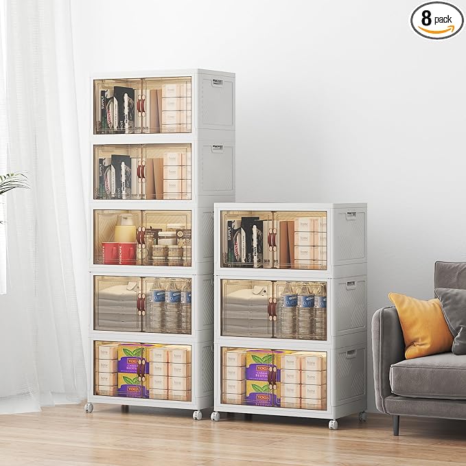 Stackable Storage Bins with Lids, 384QT Lockable Storage Cabinet | Folding Storage Box with Doors and Wheels, Collapsible Plastic Drawers for Home, Garage, Office by UAMFURIDirect