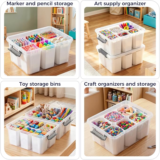 17QT 2Packs Clear Marker Organizer – 6 Detachable Inserts, Stackable Craft Organizers and Storage, Art Supply Organizer for Markers, Crayon, Pencils, Pens and Craft Supplies - Image 7