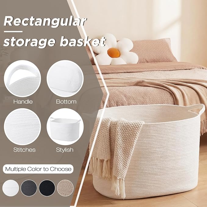 XXXXL 125L Extra Large Woven Blanket Basket, 25" x 18" x 17" Jumbo Cotton Rope Storage Basket with Handles Toy Storage Bins for Laundry Hamper Nursery Organizer Living Room Home(White) - Image 4