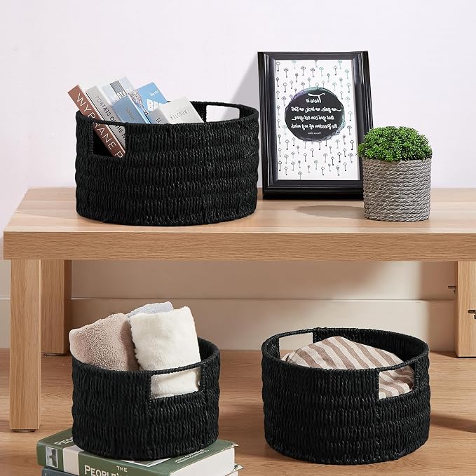 Wicker Storage Basket, Hand-Woven Paper Rope Large Round Woven Basket With Handles, Wicker Baskets for Organizing/Storage, Black, 3-Pack - Image 5