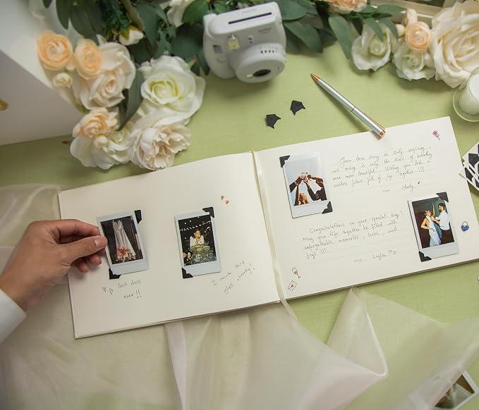 Wedding Photo Guest Book (Cream) - Linen Hardcover | Photo Corner Stickers | A4 Hardcover 11.5" x 8.5" Guestbook | 120 Pages w/ Photo Slots & Lines | Bridal Shower Engagement Party Wedding Reception - Image 6