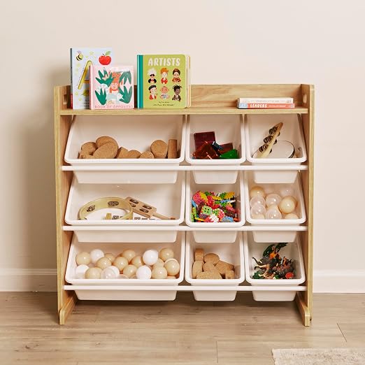 ECR4Kids 3-Tier Organizer with Shelf and 9 Bins, Toy Storage, Dark Natural/White | Durable plastic bins, MDF panels, steel frame, GREENGUARD Gold Certified, 36 lb capacity, anti-tip kit, playroom/classroom - Image 10