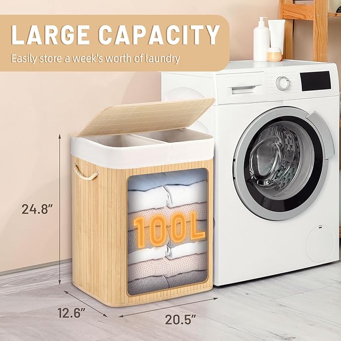 Aliphon 100L Laundry Hamper with lid, 2-Section Clothes Laundry Basket with Handles, Large Collapsible Bamboo Baskets for Bedroom, Bathroom, Dorm, Natural Beige - Image 2