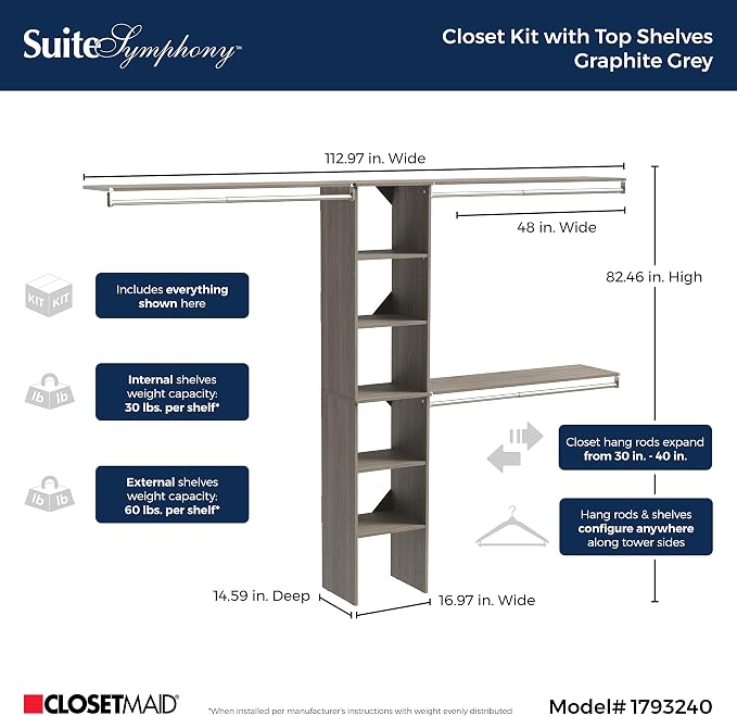 ClosetMaid SuiteSymphony Wood Closet Organizer Kit with Tower, 3 Hang Rods, Top Shelves, Adjustable, Fits Spaces 5-9 ft. Wide, Graphite Grey - Image 3