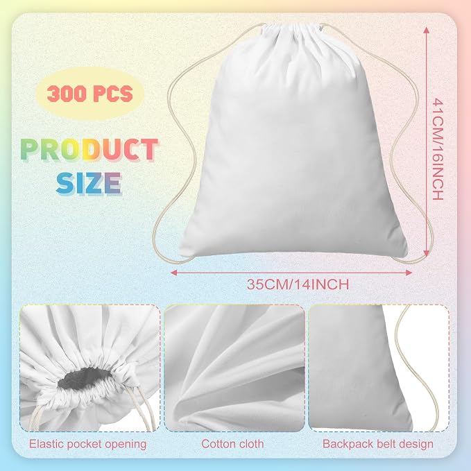 300 Pcs Tie Dye Cotton Drawstring Bags Bulk, 14"x16" | Blank White Cotton for Sublimation, DIY Party Activities. Bulk Drawstring Backpacks for School Groups, Camps, Crafts - Image 2