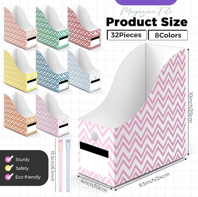 32 Pcs Magazine File Holder Set Including Colored Foldable Desk File Holder Organizer White Label Stickers Cat Pen Cardboard Magazine Storage Box for Document School Office(Solid,Striped) - Image 2