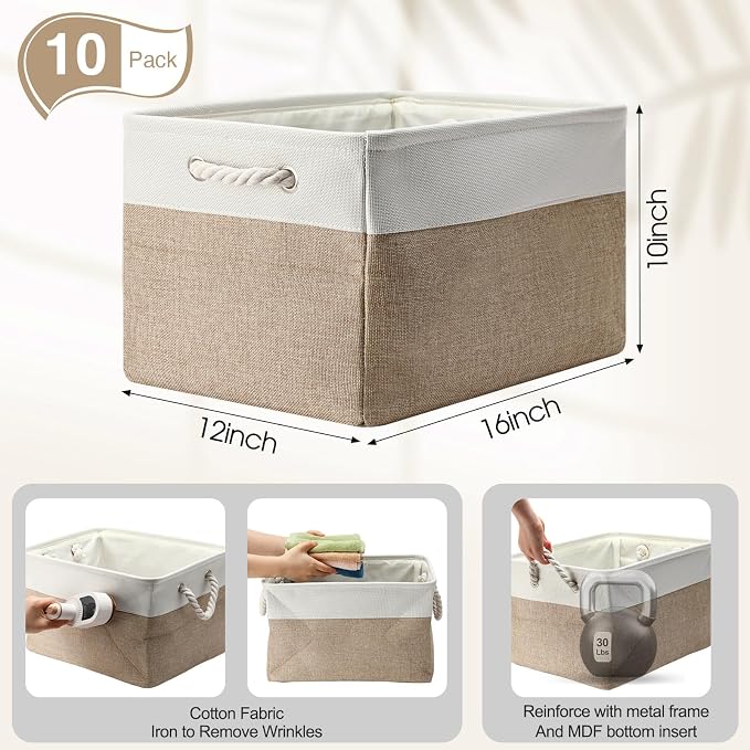 FoldTier 10 Pack Large Collapsible Fabric Storage Baskets with Handles Decorative Storage Bins for Organizing Shelves Toys Clothes(White & Beige,16 x 12 x 10 Inches) - Image 2