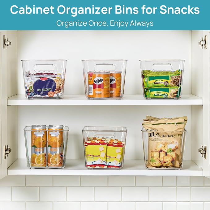 Vtopmart 6 Pack Clear Storage Bins, Pantry Cabinet Organizer Bins, Medium | Plastic Pantry Storage Bins with Handle, Storage Containers for Fridge, Cabinet, Kitchen, Countertops, Cupboard, Freezer - Image 3