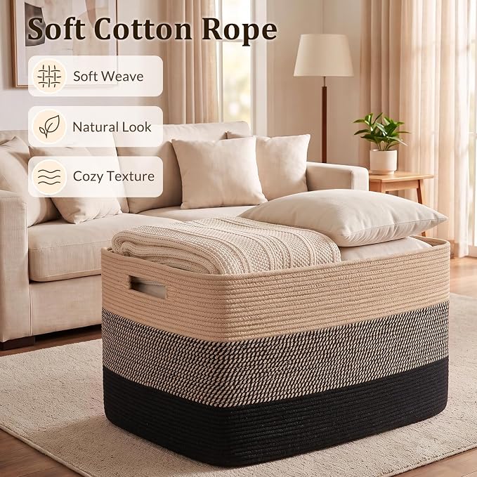 OIAHOMY 108L Extra Large Blanket Basket Dog Toy Basket Yellow Black | Rectangle Woven Baskets for Storage Cotton Rope Basket For Living Room Toy Storage Blanket Storage Laundry Basket - Image 3
