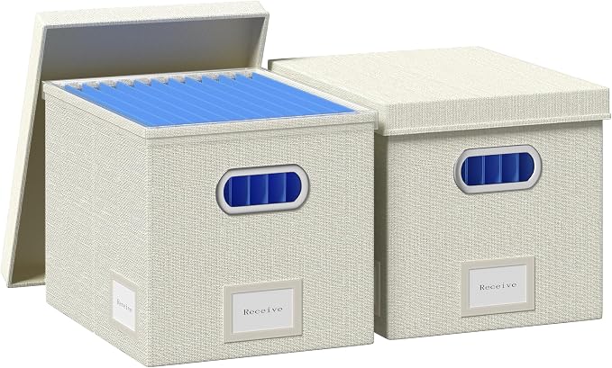 File Organizer Box - File Boxes for Hanging Files with Lid Set of 2 Decorative Hanging Folders Organizer with One-Piece Plastic Frame Slides (Beige White, 13.2 * 10.1 * 10.1in(2Pack)) by FileOrganizerBoxeswithLid