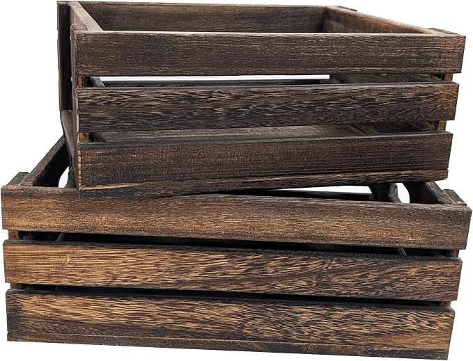 Rustic Vintage Finished 2 Packs Wooden Crate with Handles - Nesting Storage Display Organization Crate for Party Office Bedroom Kitchen and Closet by arborishthink
