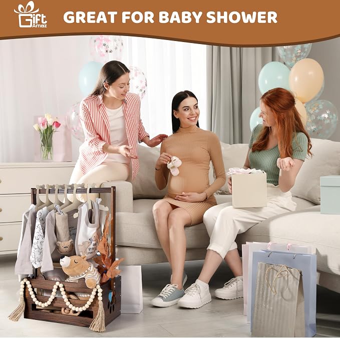 GiftAmaz Brown Wooden Baby Shower Crate Closet, Baby Storage Crate with Handle, Baby Shower Gifts Basket, Baby Welcome Box for Newborn Boys Girls, Pregnancy Gifts for New Parents - Image 2