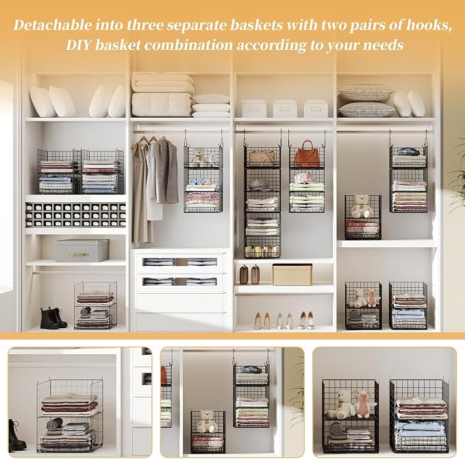 Yuyetuyo 5 Tier Closet Hanging Organizer and Storage Separable Hanging Closet Shelves with 4 Hooks 2 Adjustable Dividers, Wire Storage Basket Bins for Clothing Sweaters Socks Dolls Handbags, Foldable - Image 6