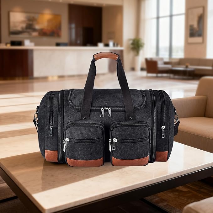 Canvas Duffle Bag For Travel, 50L Expandable Carry on Overnight Travel Duffel Bags with Laptop Compartments Weekend Gym Bag for Men(Black) - Image 2