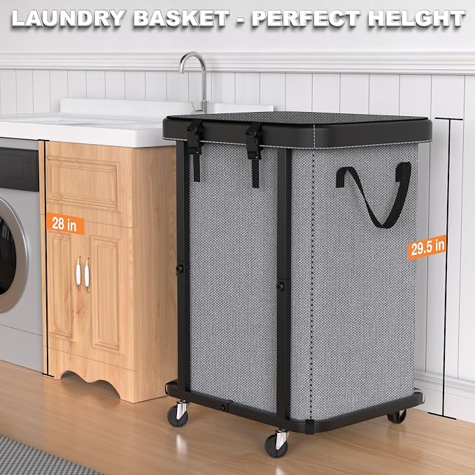Laundry Basket with Wheels,150L (40 Gal) Rolling Hamper Carts - Gary | Leather Patchwork Laundry Hamper,Sturdy Metal Frame, Removable Washable Bag, Tall Clothes Sorter for Bedroom, Laundry Room - Image 4