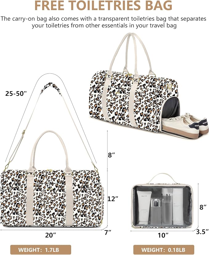 Women Weekender Travel Duffle Bag: Travel Duffel Overnight Bags with Shoe Compartment Large Carry on Tote with Toiletry Bag Weekend Traveling Yoga Gym Hospital Bag for Women with Wet Pocket Leopard - Image 5