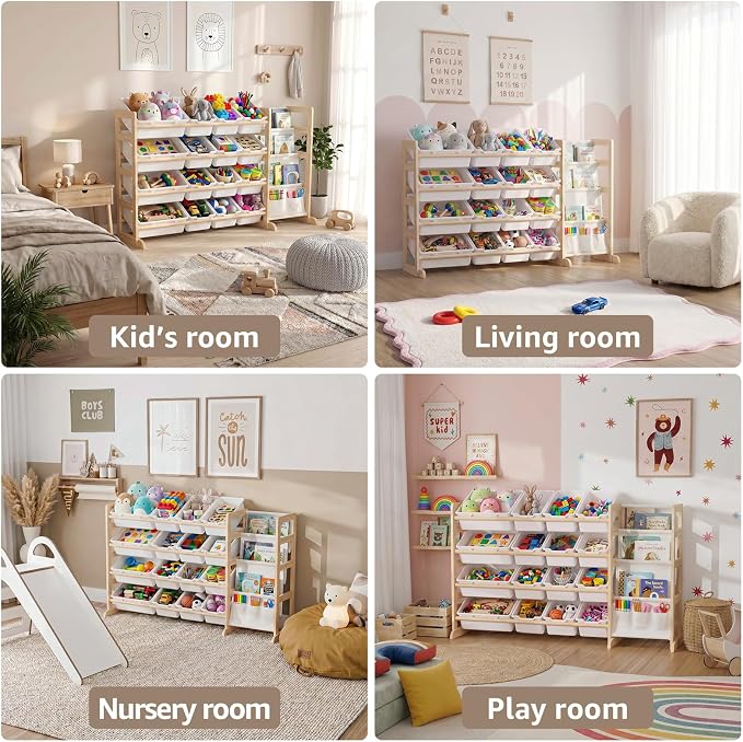 NUTIKAS Toy Storage Organizer with Bookshelf - Wooden 12 Bins Kids Toy Organizer Rack, Solid Pine Wood, Toys Box for Toddler, Playroom, Living Room, Bedroom, Nursery - Image 6